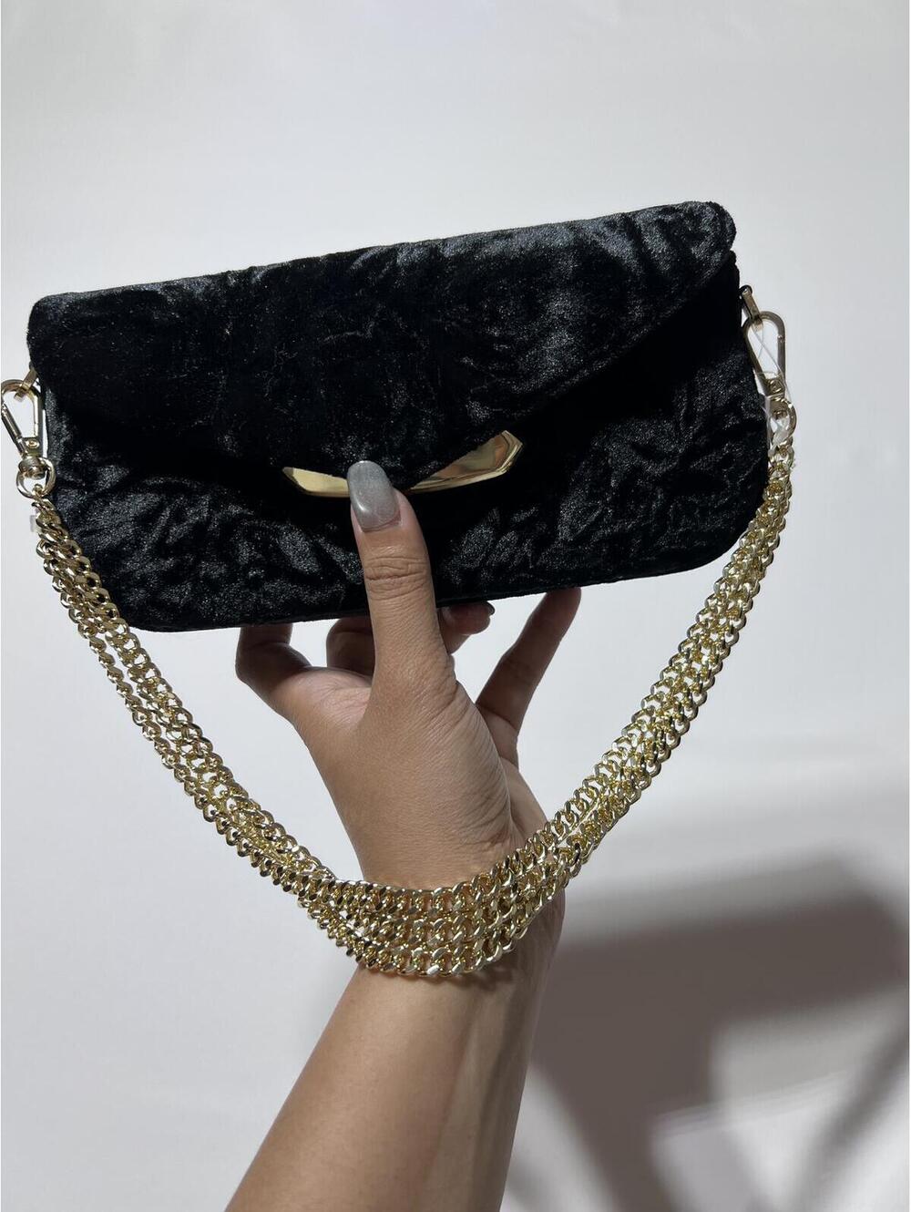 Kendra Scott Black Velvet Clutch with Gold Chain Strap